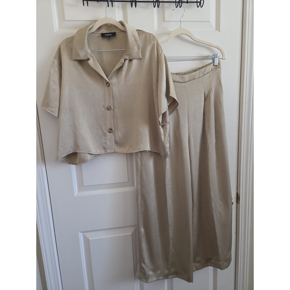 Aakaa Women's 2 Piece Satin Wide Leg Pants Set Beige Size Large Lounge Outfit